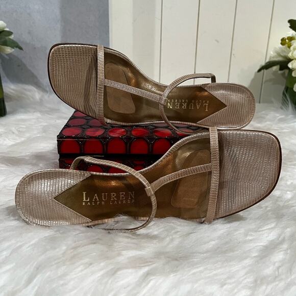 LRL Ralph Lauren Leather T-Strap Metallic High Heel Snakeskin Slides Sandals 5.5 - Picture 3 of 13